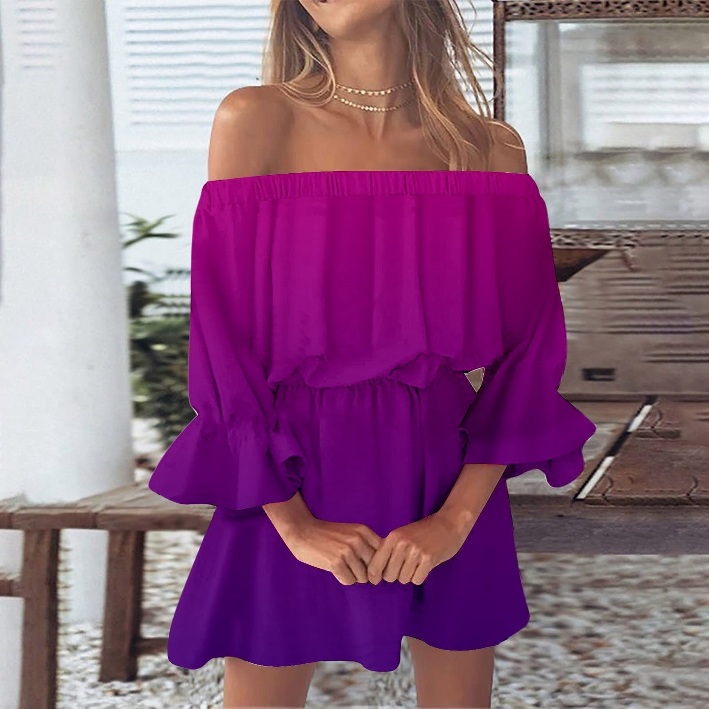 Women's One-word Shoulder Flared Sleeve Printed Dress