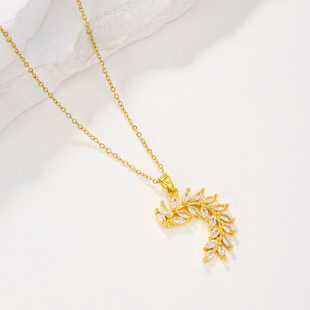 1pcsFashionable Sparkling Zircon Leaf Pendant Necklace, Imitation Diamond Wheat Ear Leaf Collarbone Chain