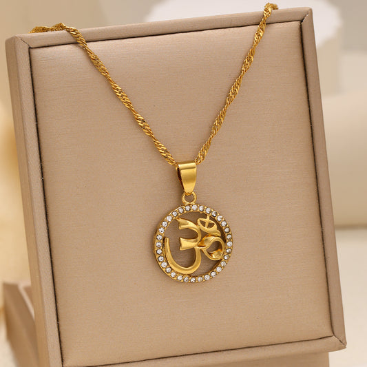1pcs Fashionable Inlaid Circular Pendant Necklace, Personalized Symbol Yoga Necklace