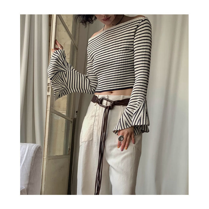Three-dimensional Pit Striped Off-the-neck Design Sweater Irregular Bell Sleeve Short Waist-controlled Top