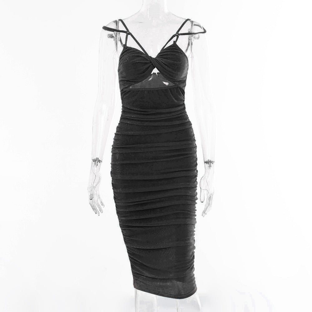 Solid Color Lace Wrap Chest Strap Halter Dress
