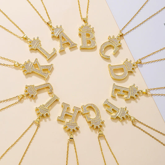 1PCS Fashionable Gold Diamond Crown Uppercase Letter Popular Pendant Necklace