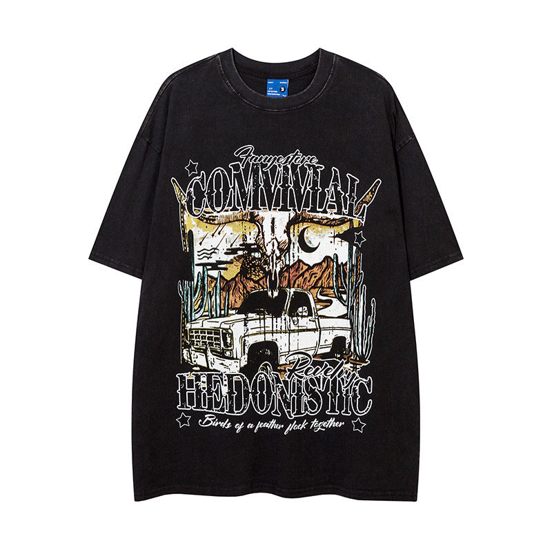 Cartoon Car Print Loose Short Sleeve Men