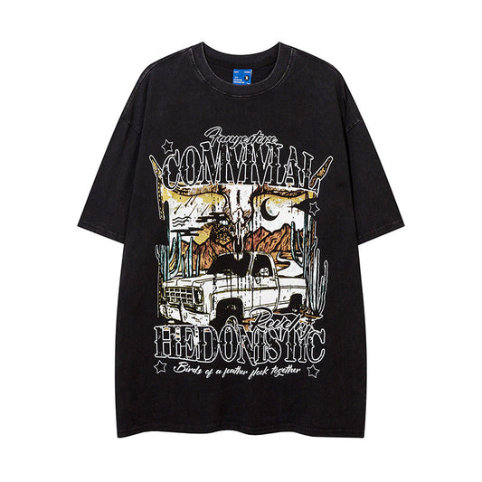 Cartoon Car Print Loose Short Sleeve Men
