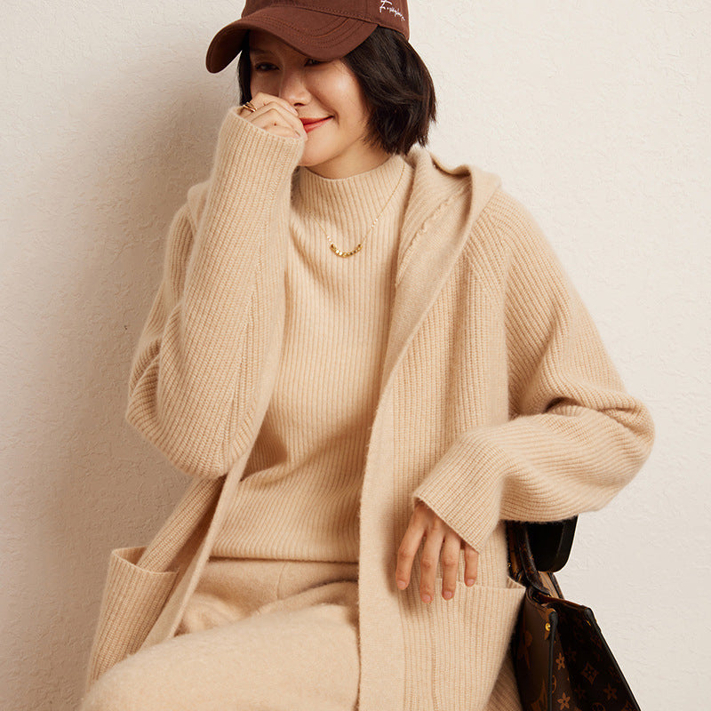 Cashmere Autumn And Winter Loose Hooded Double-sided Fashion Casual Knitted Cardigan Coat Coat