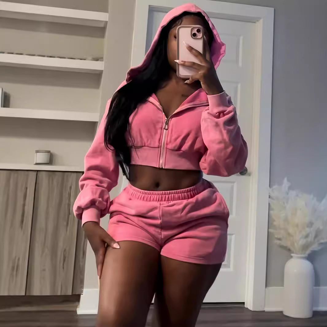 Autumn And Winter Zipper Hooded Long Sleeve Shorts Sweater Suit