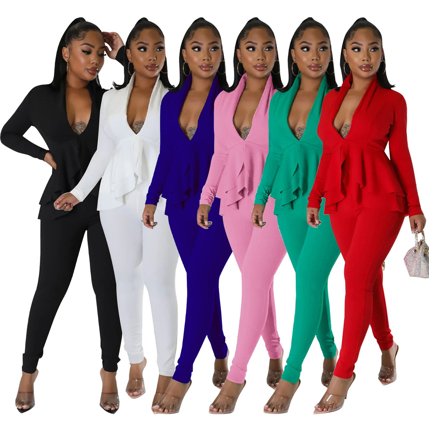 V-neck Flounce Long Sleeve Pencil Pants Suit