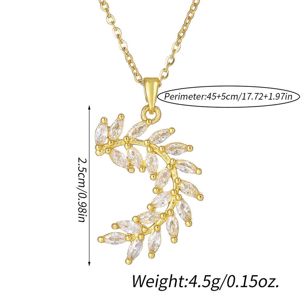 1pcsFashionable Sparkling Zircon Leaf Pendant Necklace, Imitation Diamond Wheat Ear Leaf Collarbone Chain