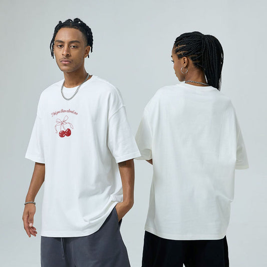 Cherry Print Loose Round Neck Short Sleeve