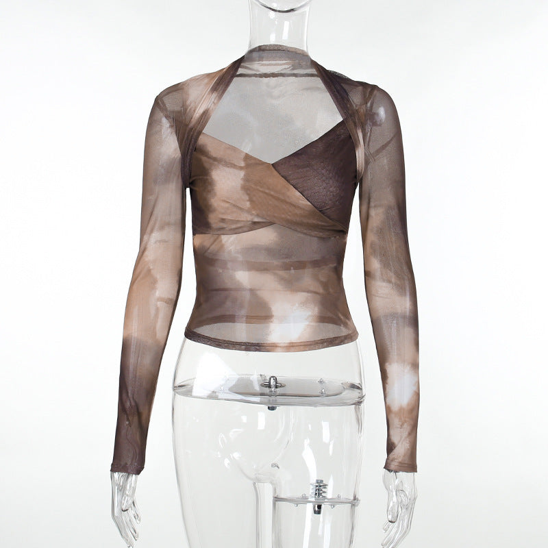 Women's Twisted Mesh Top Ins Style All-match Tie-dye Minimalist Long Sleeve