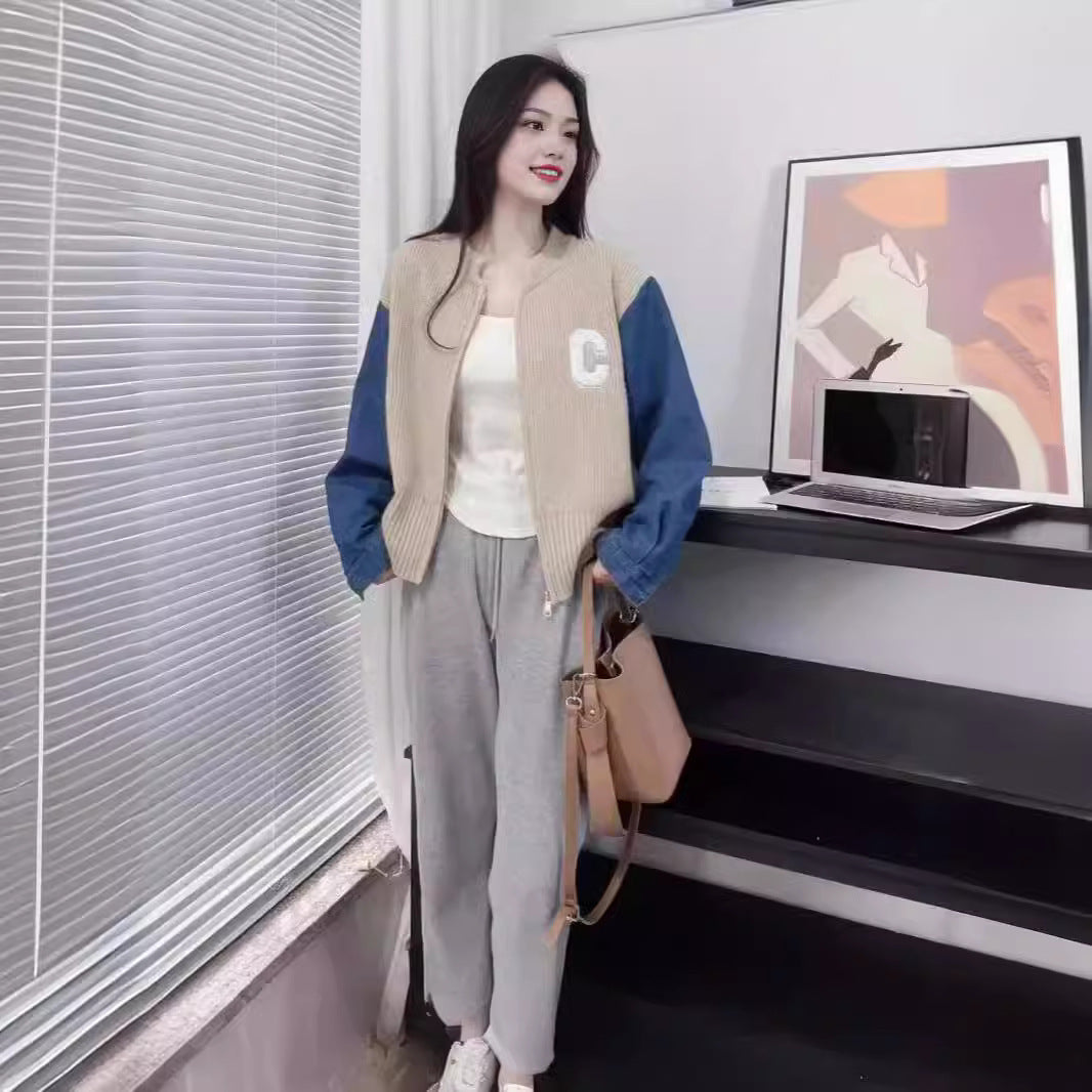 Women's Sweater Stitching Denim Autumnwinter Japanese And Korean New Loose Retro Style Coat