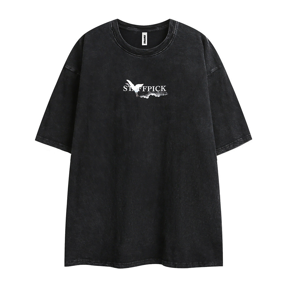 Men's Crane Print Short-sleeved T-shirt Behind