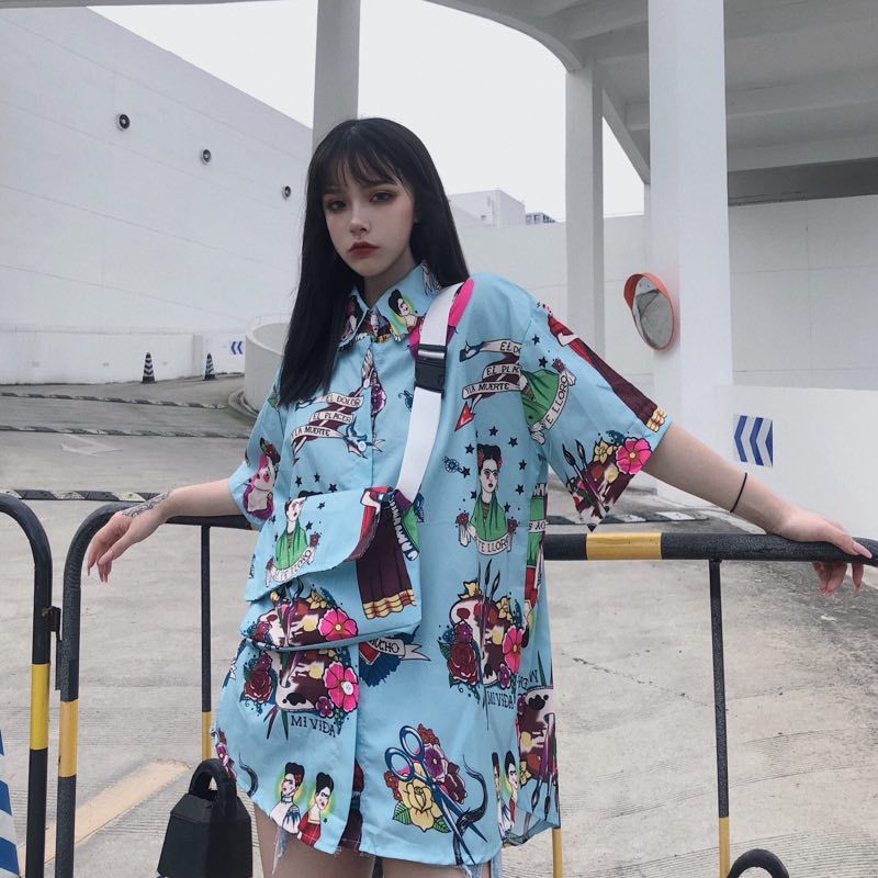 Harajuku oversized loose printed shirt with bag