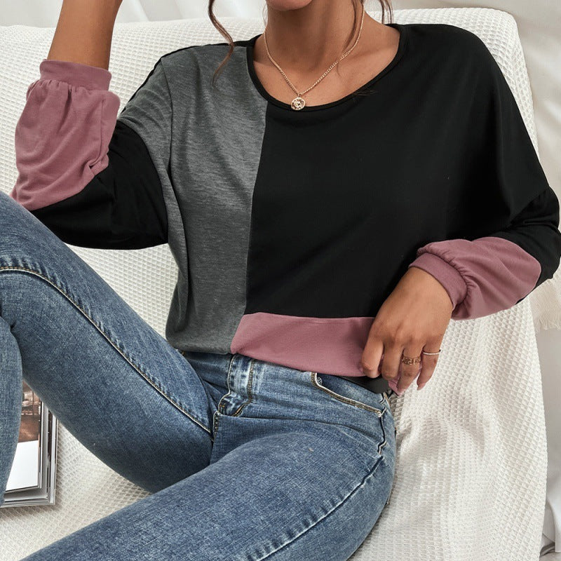 Casual Color Matching Round Neck Pullover Long Sleeve T-shirt