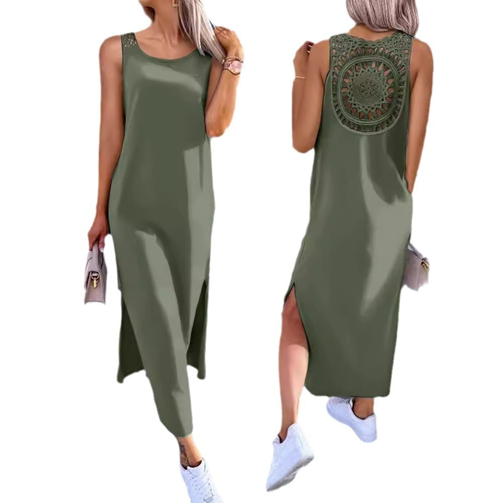 Summer Solid Color Back Hollow Lace Sleeveless Split Dress