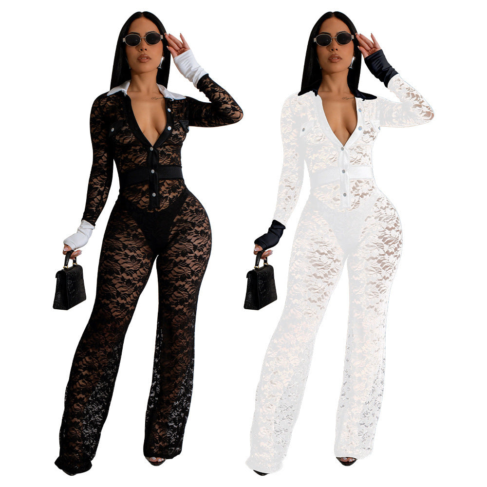 Women's Clothing Lace Contrast-color Stitching Jumpsuit