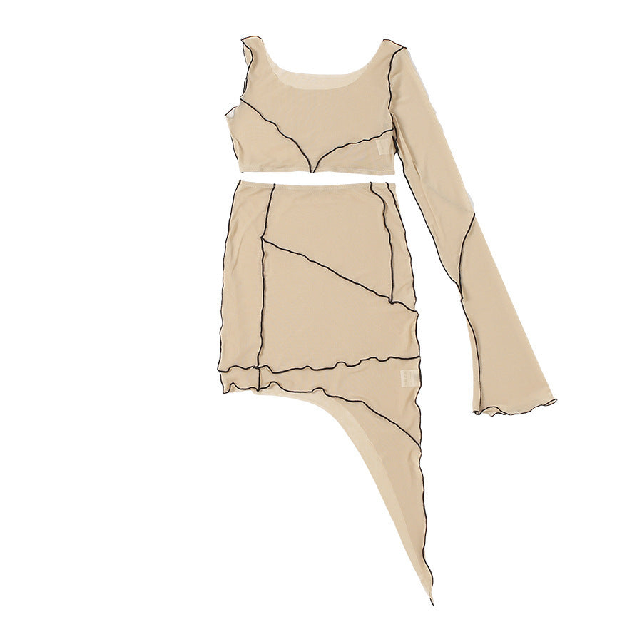 One-shoulder Mesh Cropped Irregular Skirt