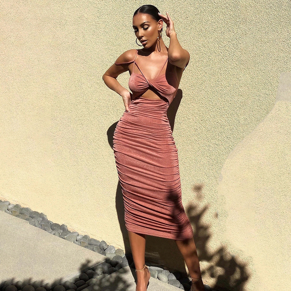Solid Color Lace Wrap Chest Strap Halter Dress