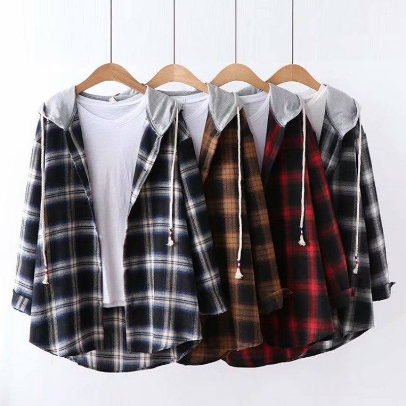 Hooded Loose Plaid Long Sleeved Shirt Women