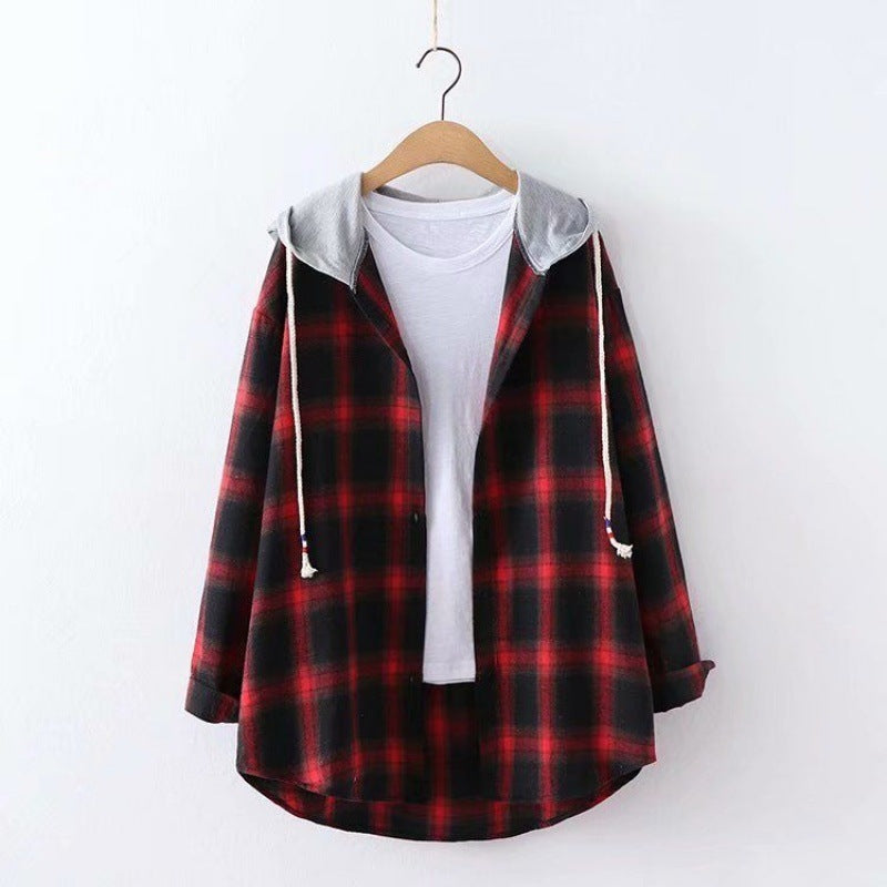 Hooded Loose Plaid Long Sleeved Shirt Women