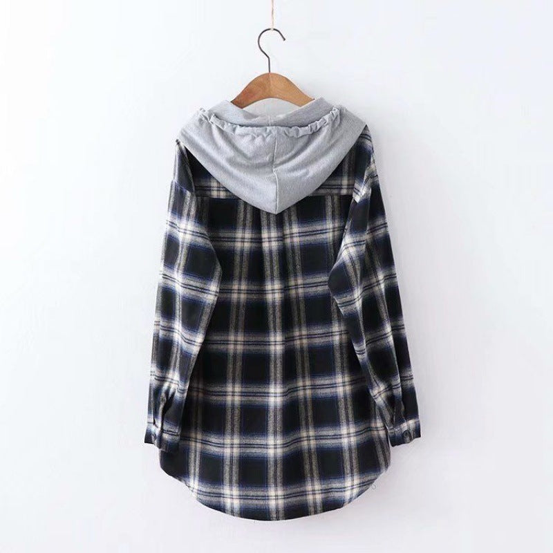 Hooded Loose Plaid Long Sleeved Shirt Women