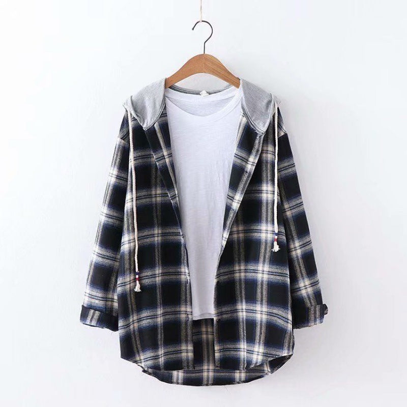Hooded Loose Plaid Long Sleeved Shirt Women