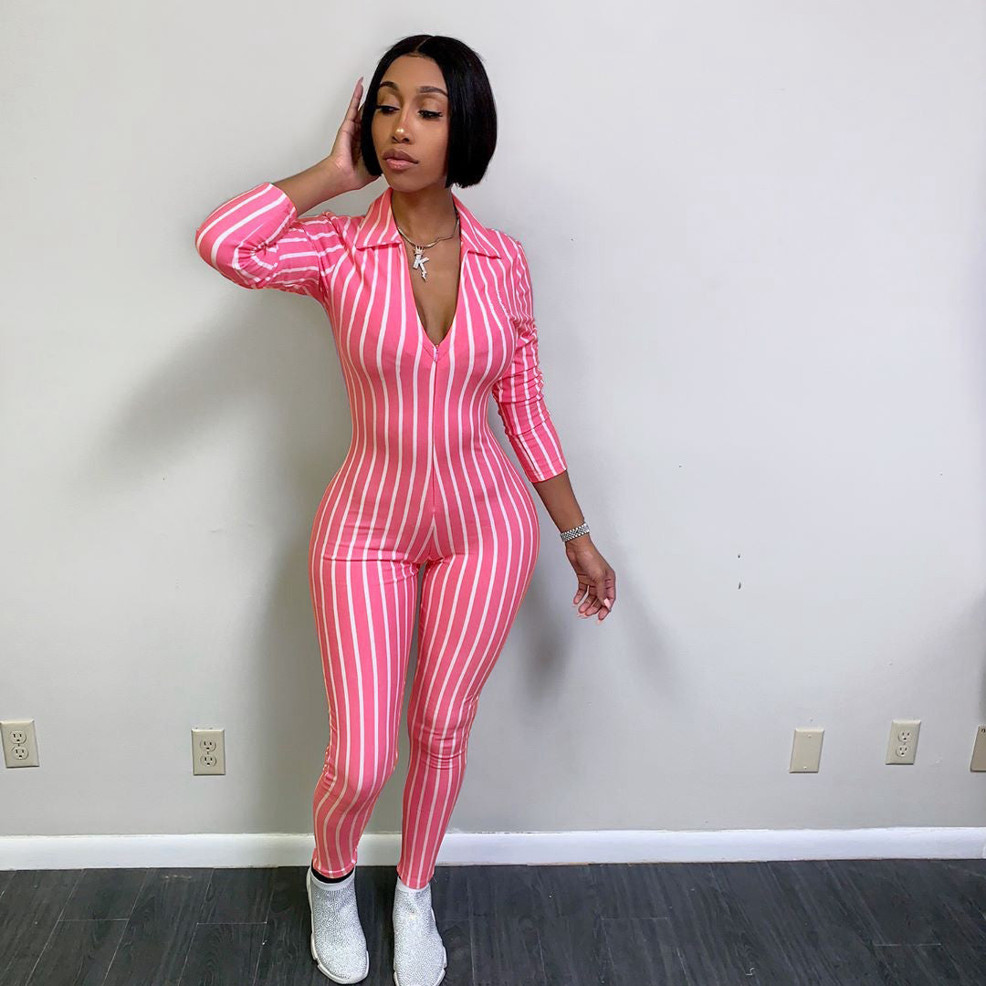 Striped short-sleeved zipper hips jumpsuit