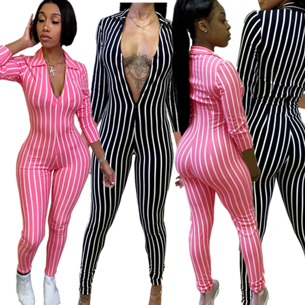 Striped short-sleeved zipper hips jumpsuit