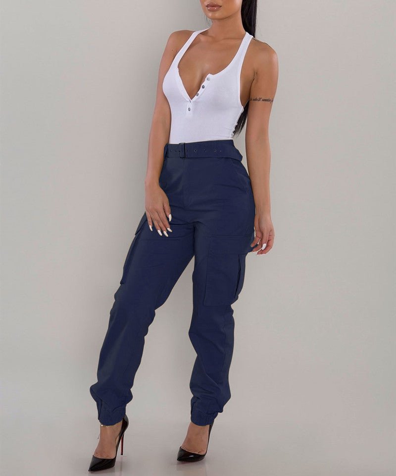 European And American Ladies Multi-pocket Fashion Casual Slim-fit Tight Overalls