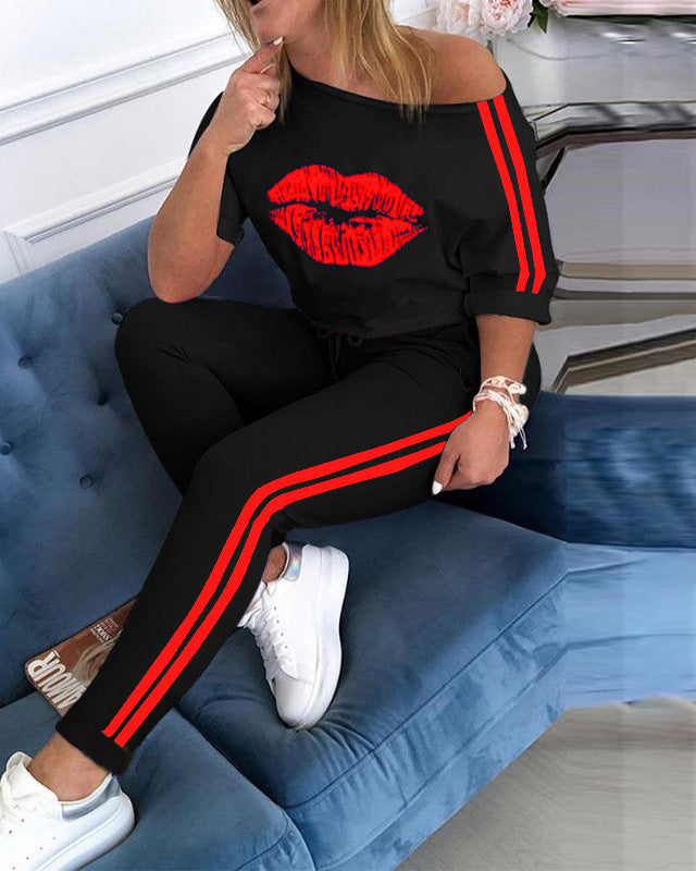Lip Print Sports Suit T-shirt Two-piece Suit