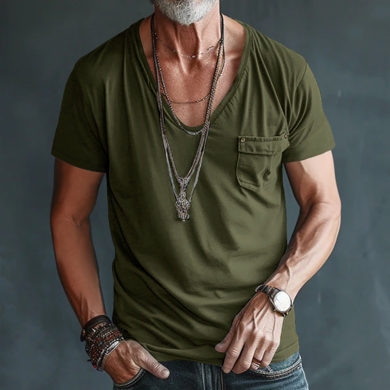 Men's Pocket T-shirt Cross V-neck Solid Color Plus Size Casual Short Sleeve