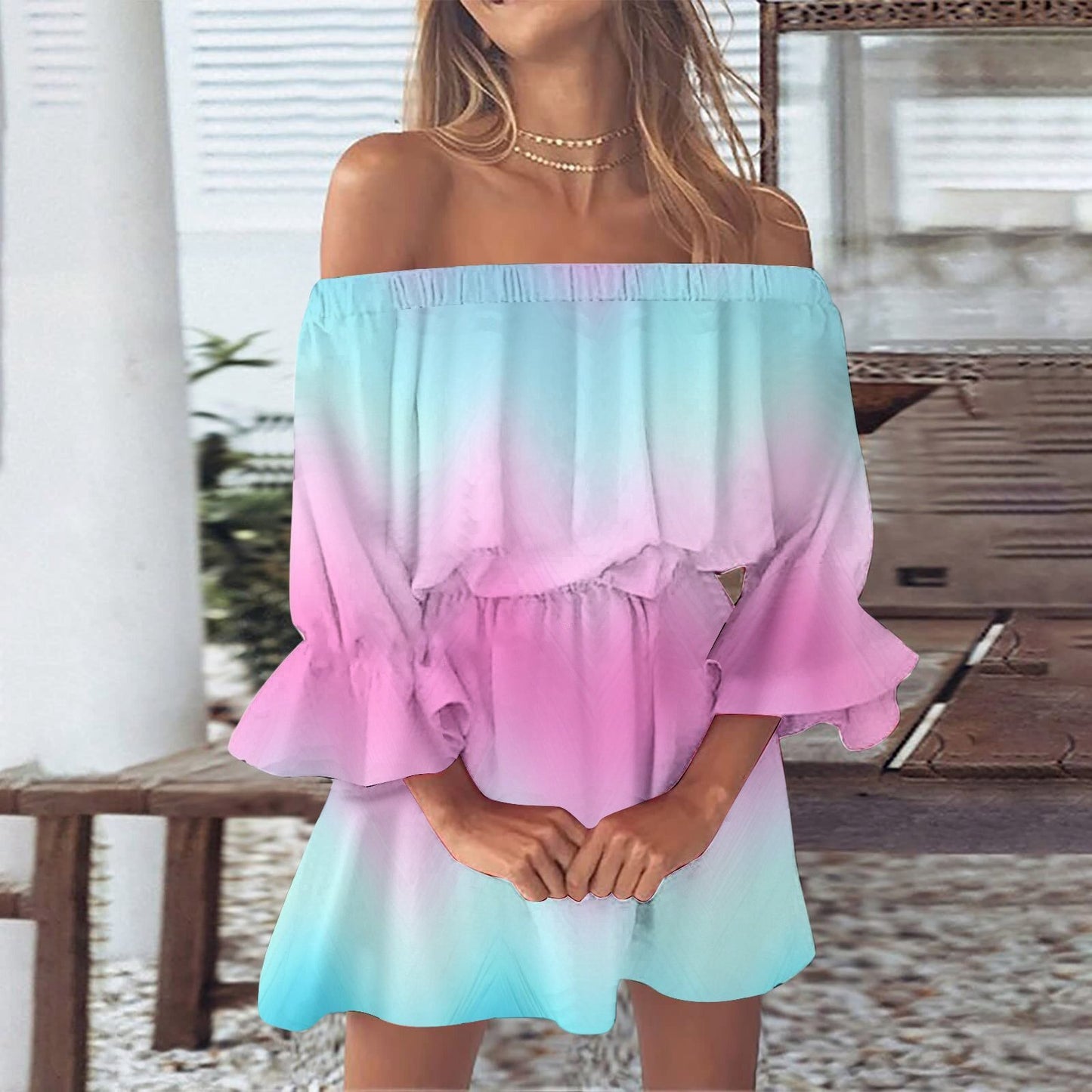 Women's One-word Shoulder Flared Sleeve Printed Dress