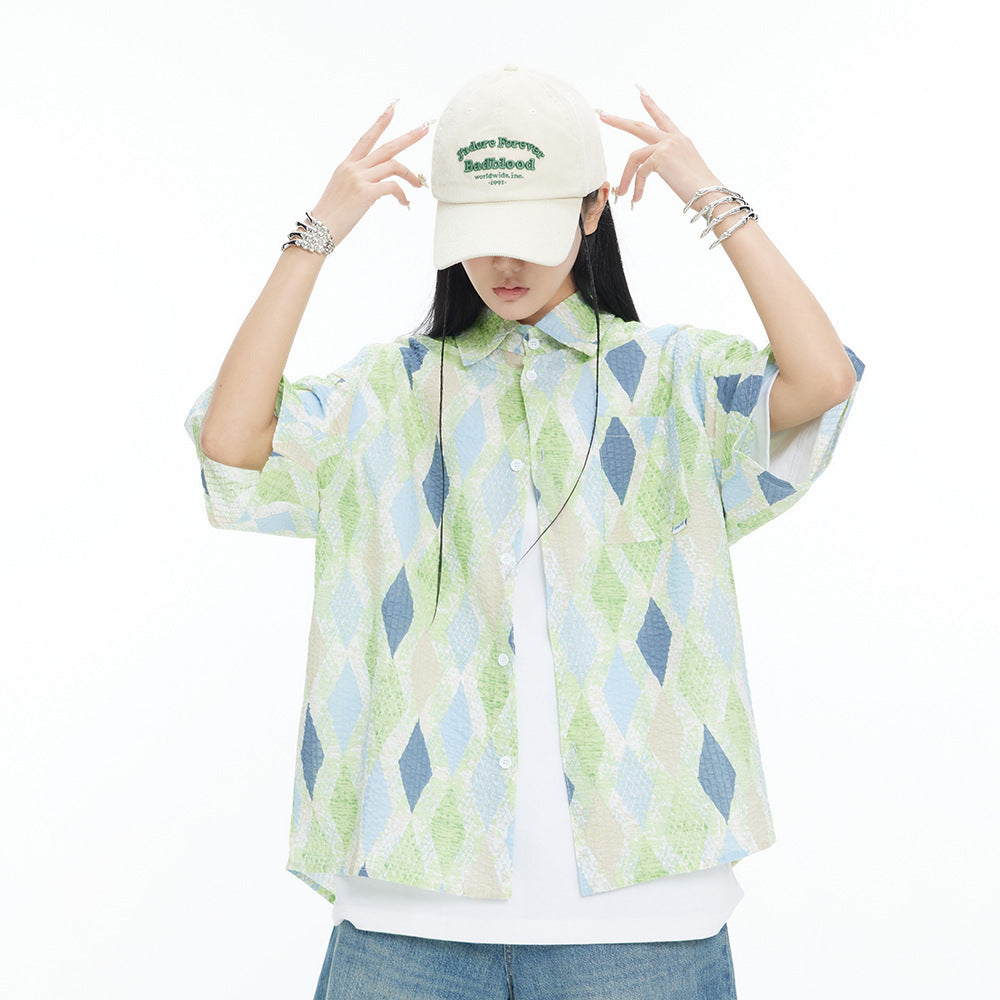 Loose Diamond Short Sleeve Plaid Shirt Men And Women