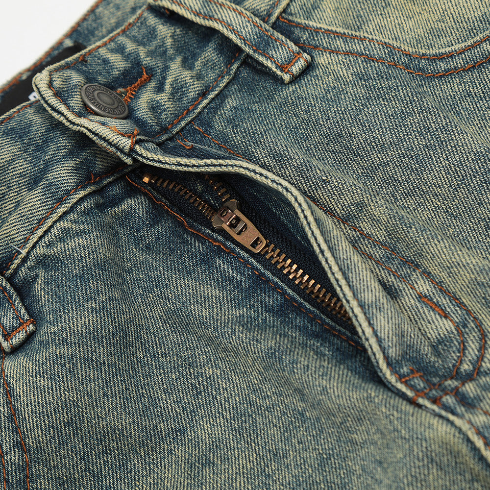 Punk Distressed Wash Denim Trousers Men's Street Fashion