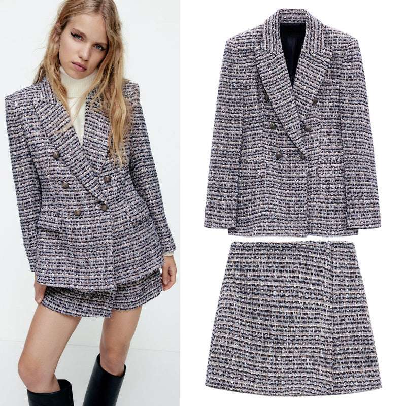 High-waisted Culottes Textured Double-breasted Blazer