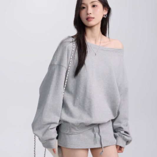Early Autumn Slant Shoulder Long Sleeve Sweater Slimming Skirt Pants