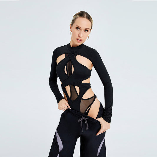 INS Cross -hollow Design Sensor Back Tight Solid Color High -necked Long -sleeved Long -sleeved Jacket