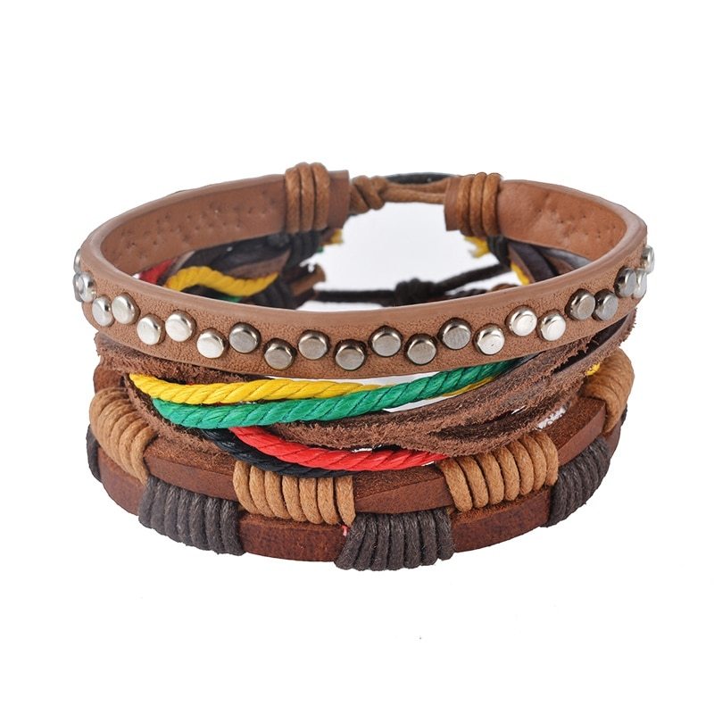 Leather Bracelet Men Multilayer Bead Bracelet Punk Wrap Bracelets