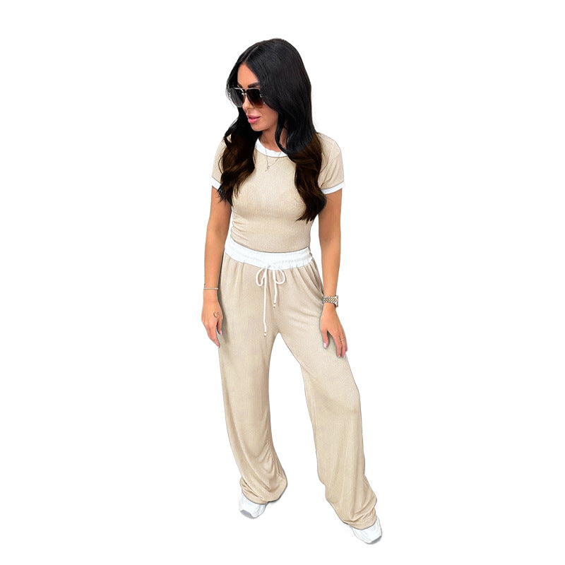 Round Neck Contrast Color Women's Fashion Casual Wide-leg Pants Sports Suit