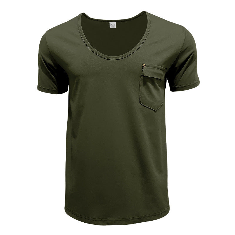 Men's Pocket T-shirt Cross V-neck Solid Color Plus Size Casual Short Sleeve