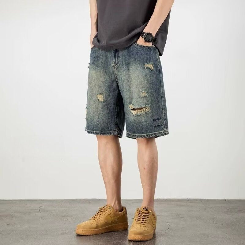 Retro Loose Hole Denim Men's Shorts