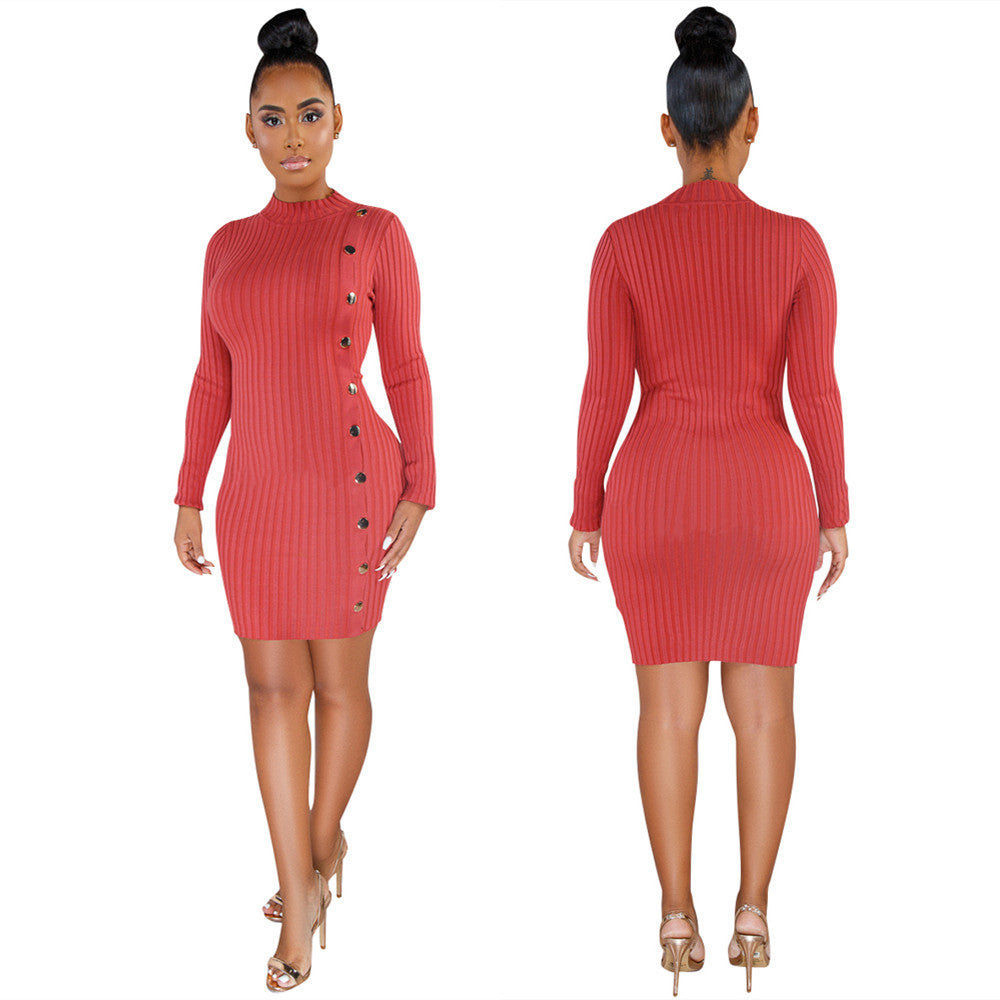 Slim personality single-breasted asymmetric dress