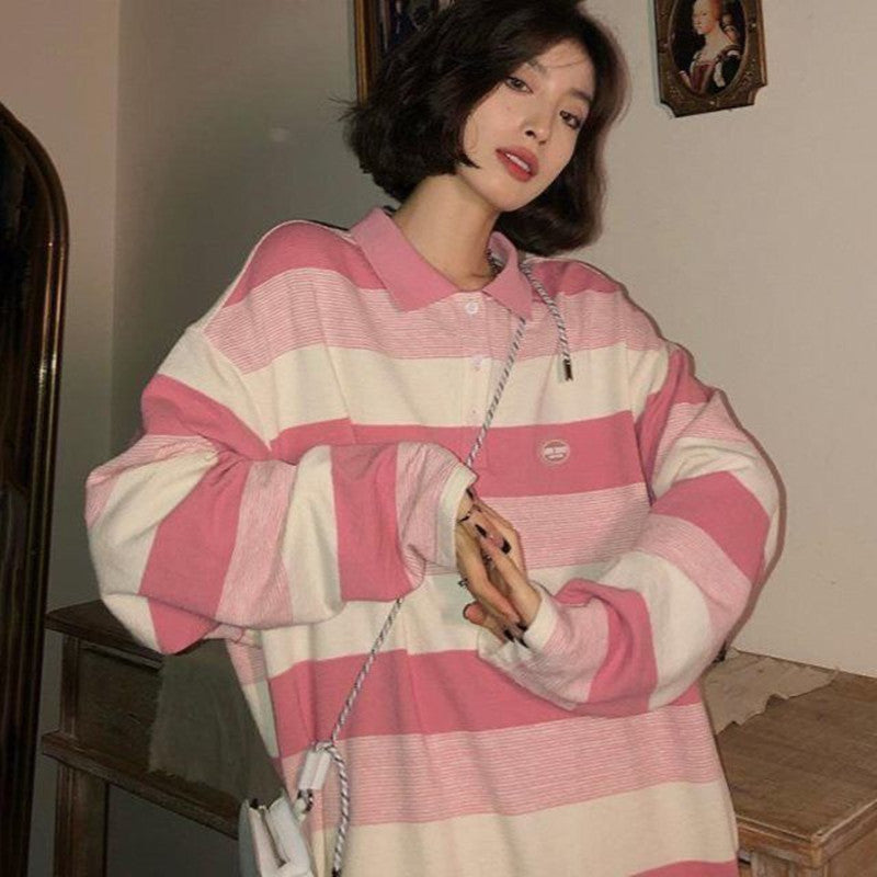 Striped Long-sleeved T-shirt For Women Loose Lapels