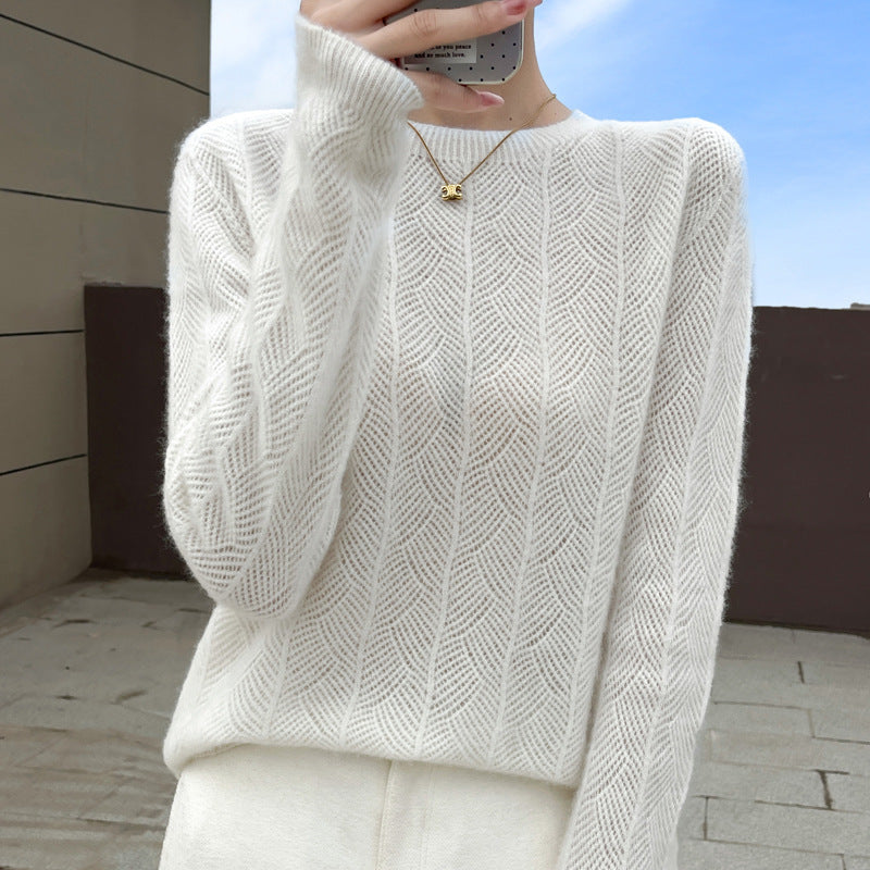 Pure Wool Round Neck Sweater Women's Hollow Top