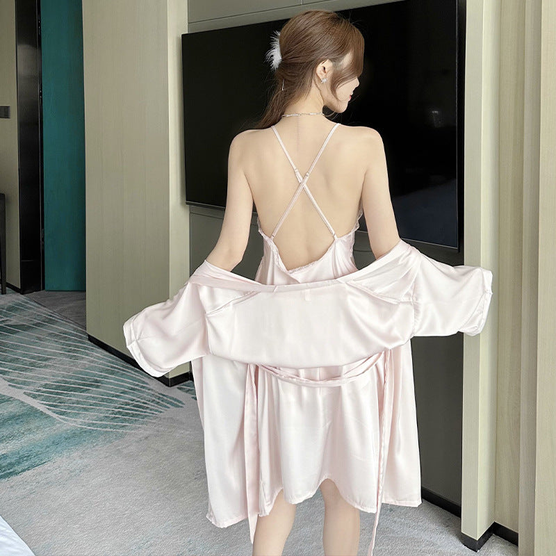 Butterflies And Polka Dots Hollow-out Lace Beautiful Back Suspender Shorts Outerwear Gown Silk Women's Homewear With Chest Pad