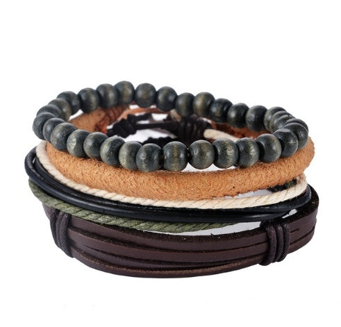 Leather Bracelet Men Multilayer Bead Bracelet Punk Wrap Bracelets
