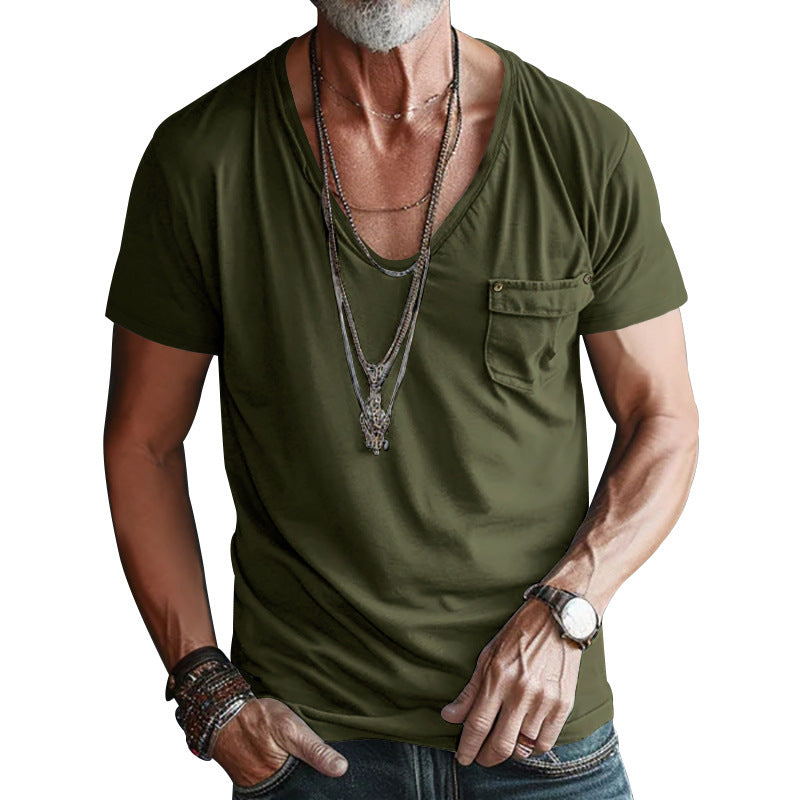 Men's Pocket T-shirt Cross V-neck Solid Color Plus Size Casual Short Sleeve