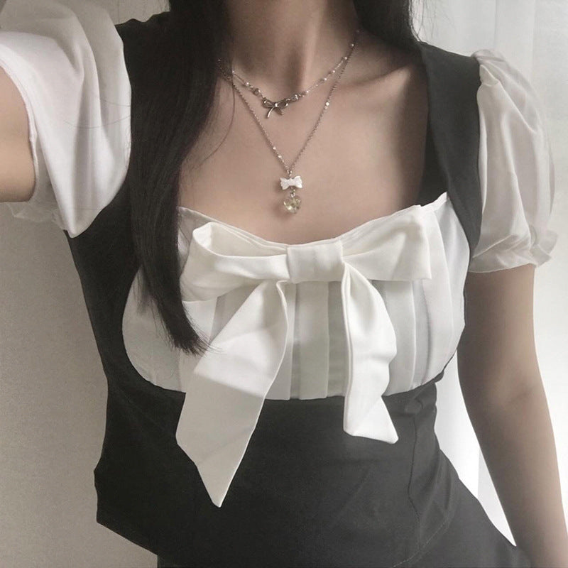 Women's Bow Stitching Puff Sleeve Top