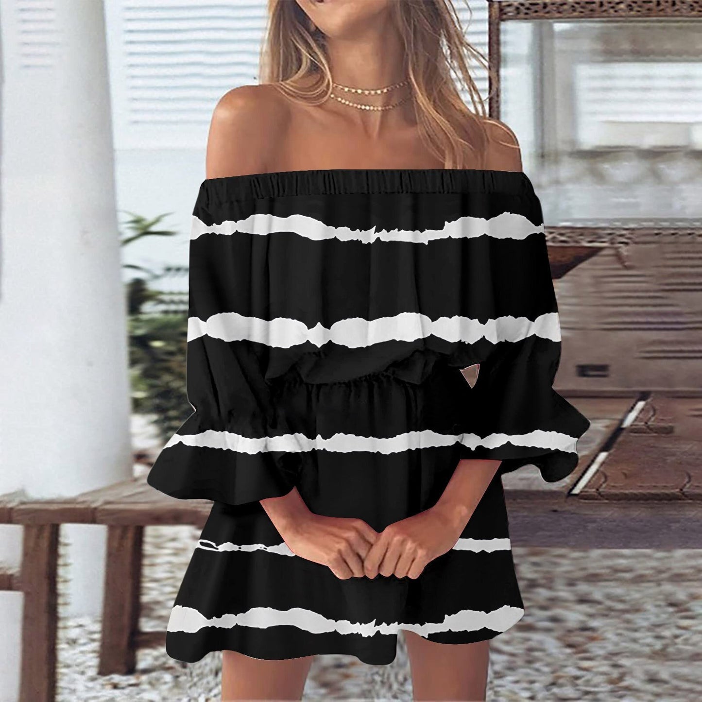 Women's One-word Shoulder Flared Sleeve Printed Dress