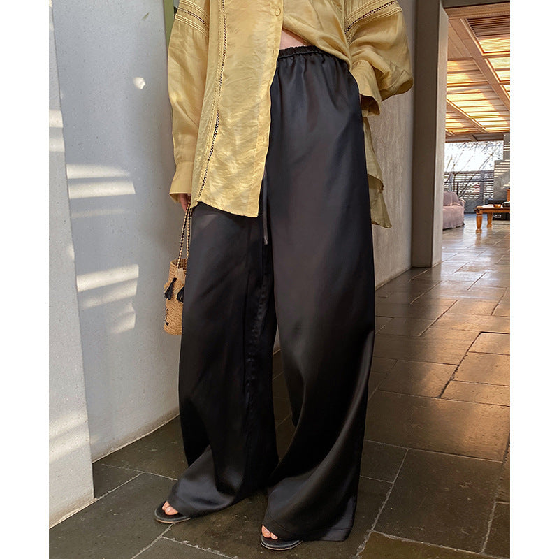 Women's Draping Loose Elastic Waist Drawstring Satin Casual Wide-leg Pants
